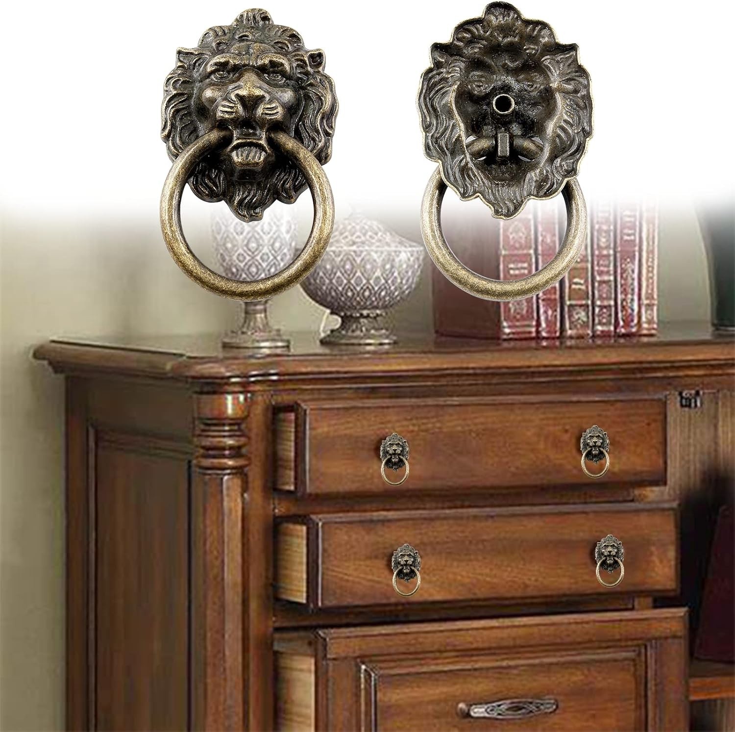 6 Pcs Antique Bronze Lion Head Knobs Pull Handles Drawer Dresser Cabinet Ring Pu