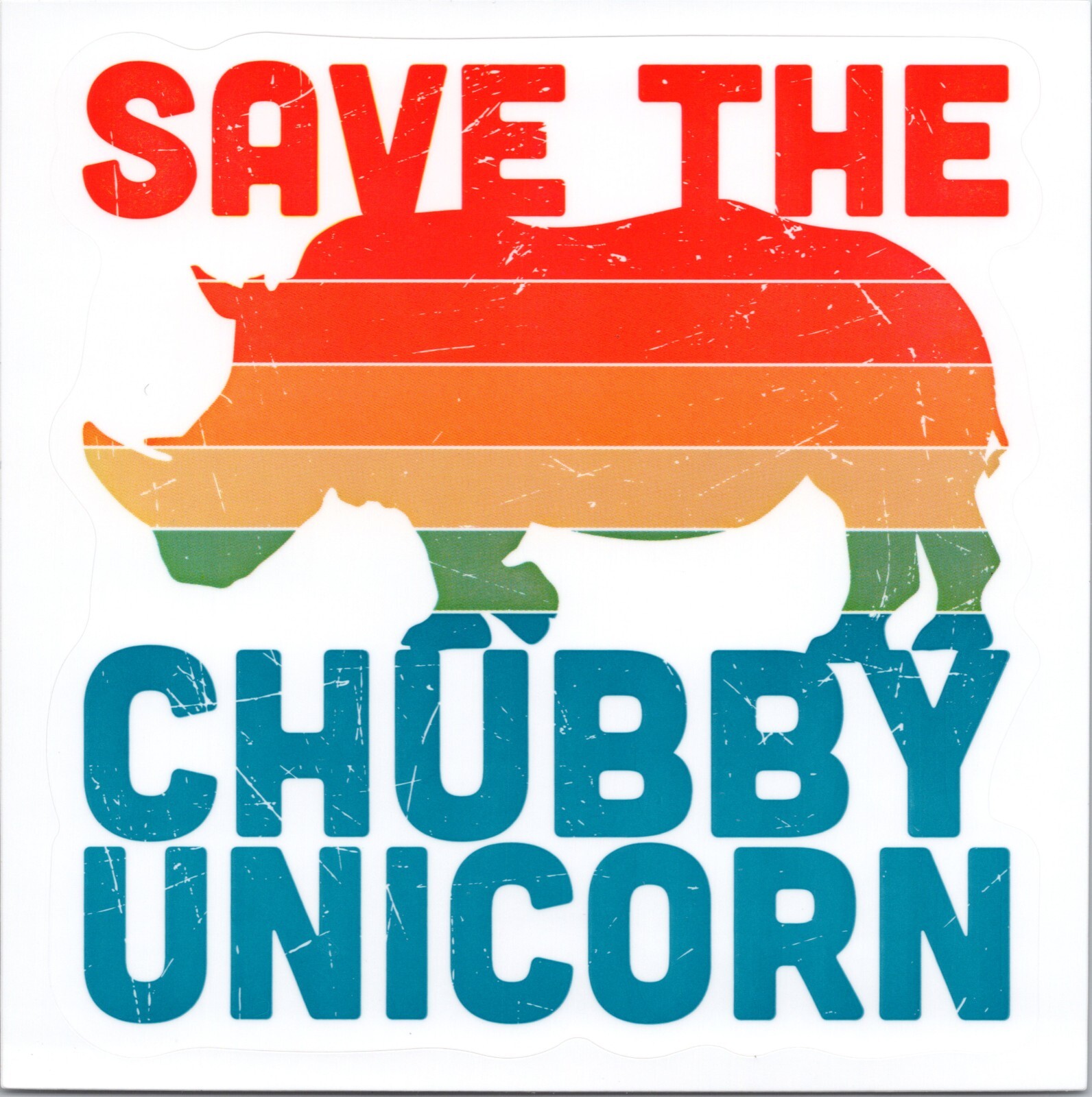 SAVE THE CHUBBY UNICORN ~ RHINO – Small Vinyl Sticker – 1.75in x 1.5in
