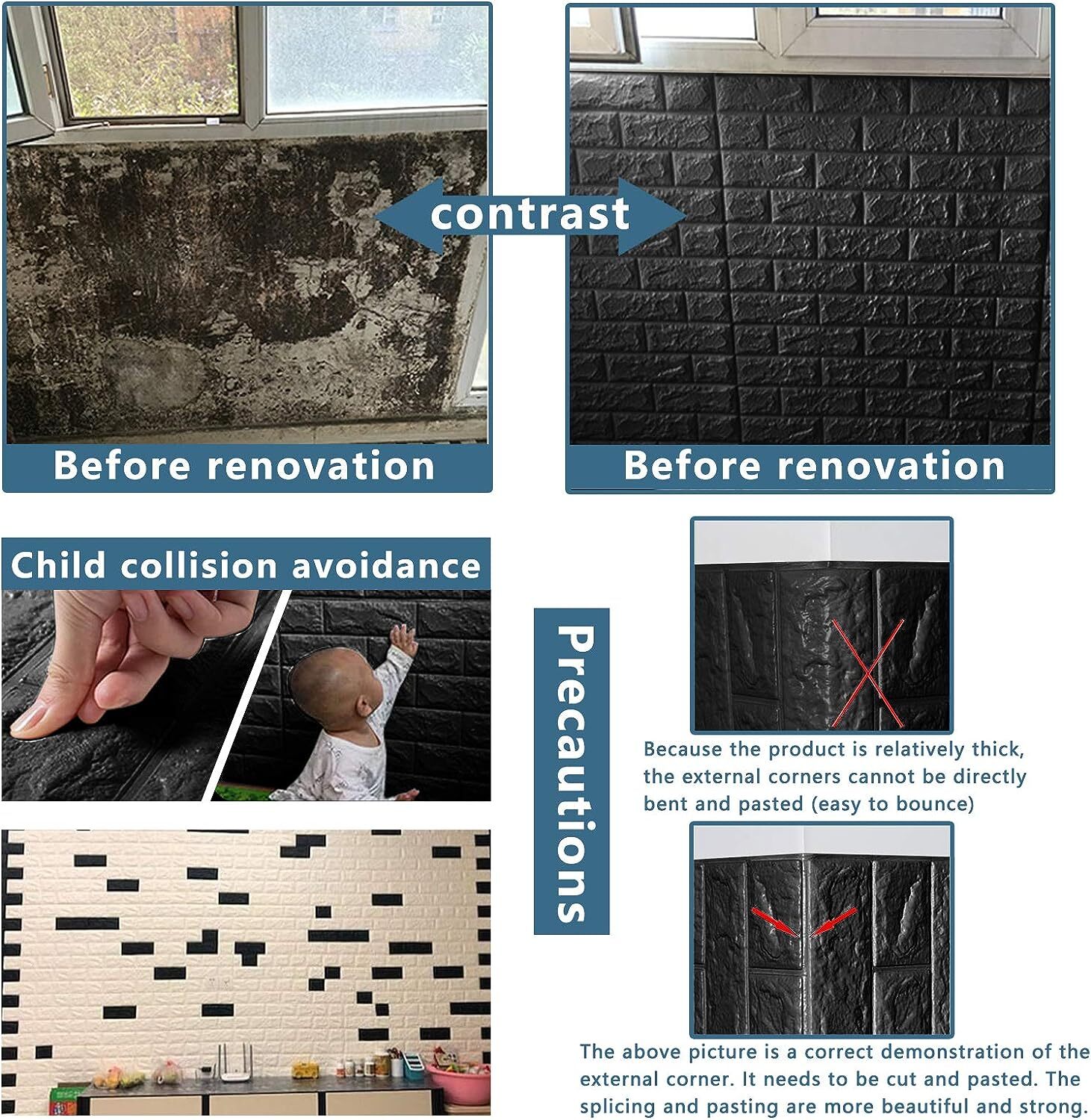 Black 3D Tile Brick Wall Sticker Self-adhesive Foam Panel Wallpaper 14.5 SQ FT