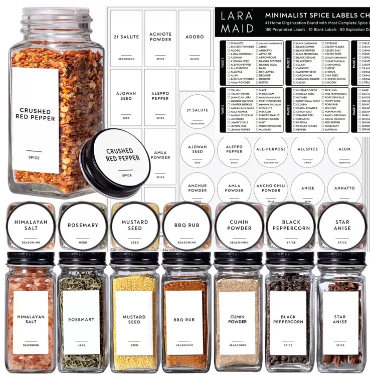 459 Minimalist Spice Jar Label Set, Black Text on White Vinyl Waterproof Labels