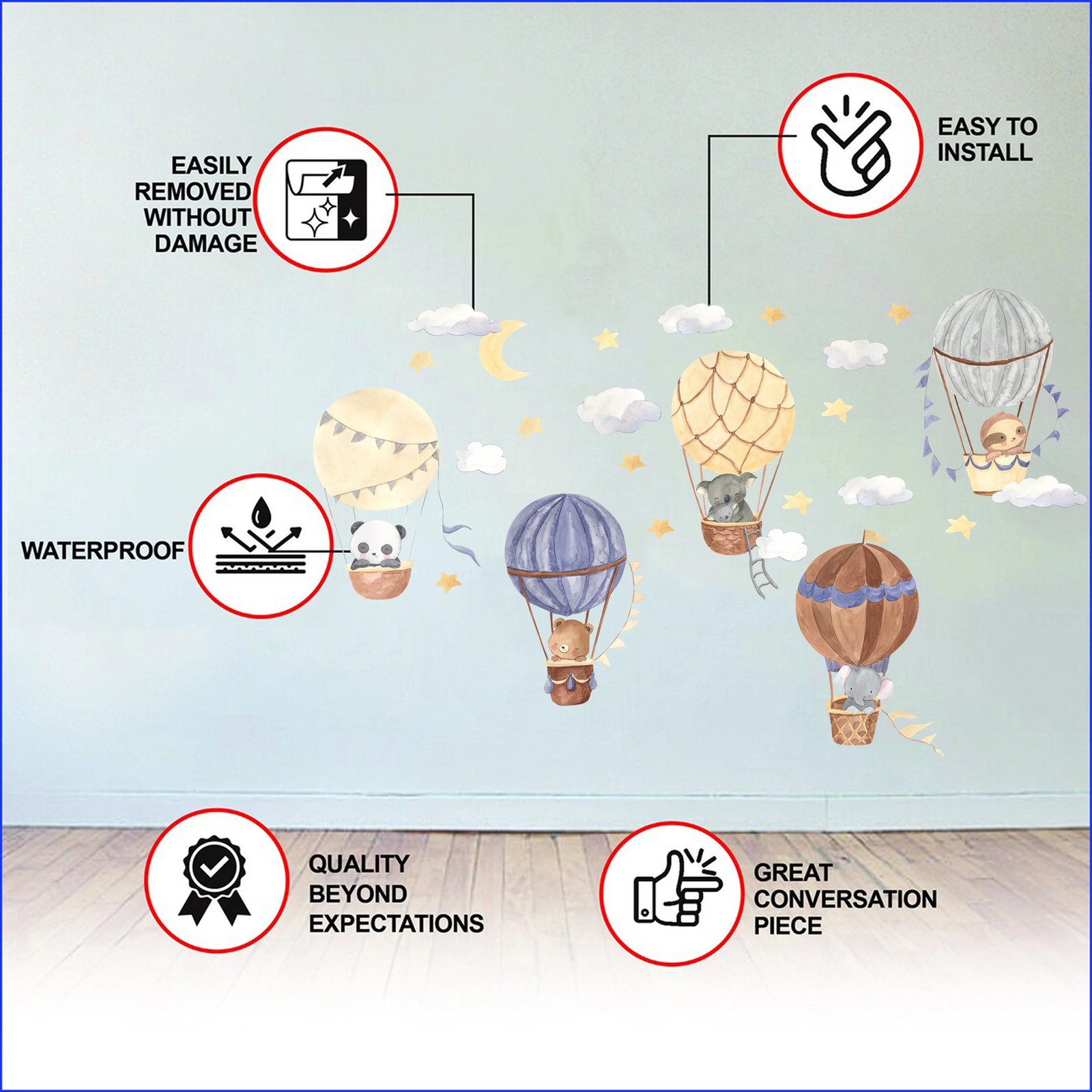 Hot Air Balloon Wall Stickers – Animals Clouds Nursery Decor Decal – Baby Kids