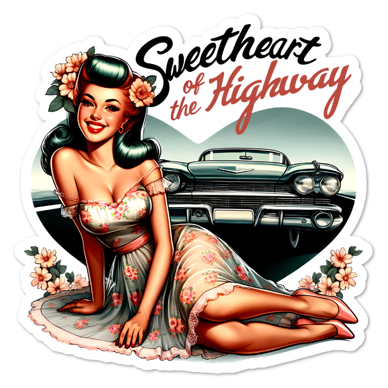 Pin Up Sweetheart Highway Retro Vinyl Sticker Water Resistant, Scrapbook, Laptop