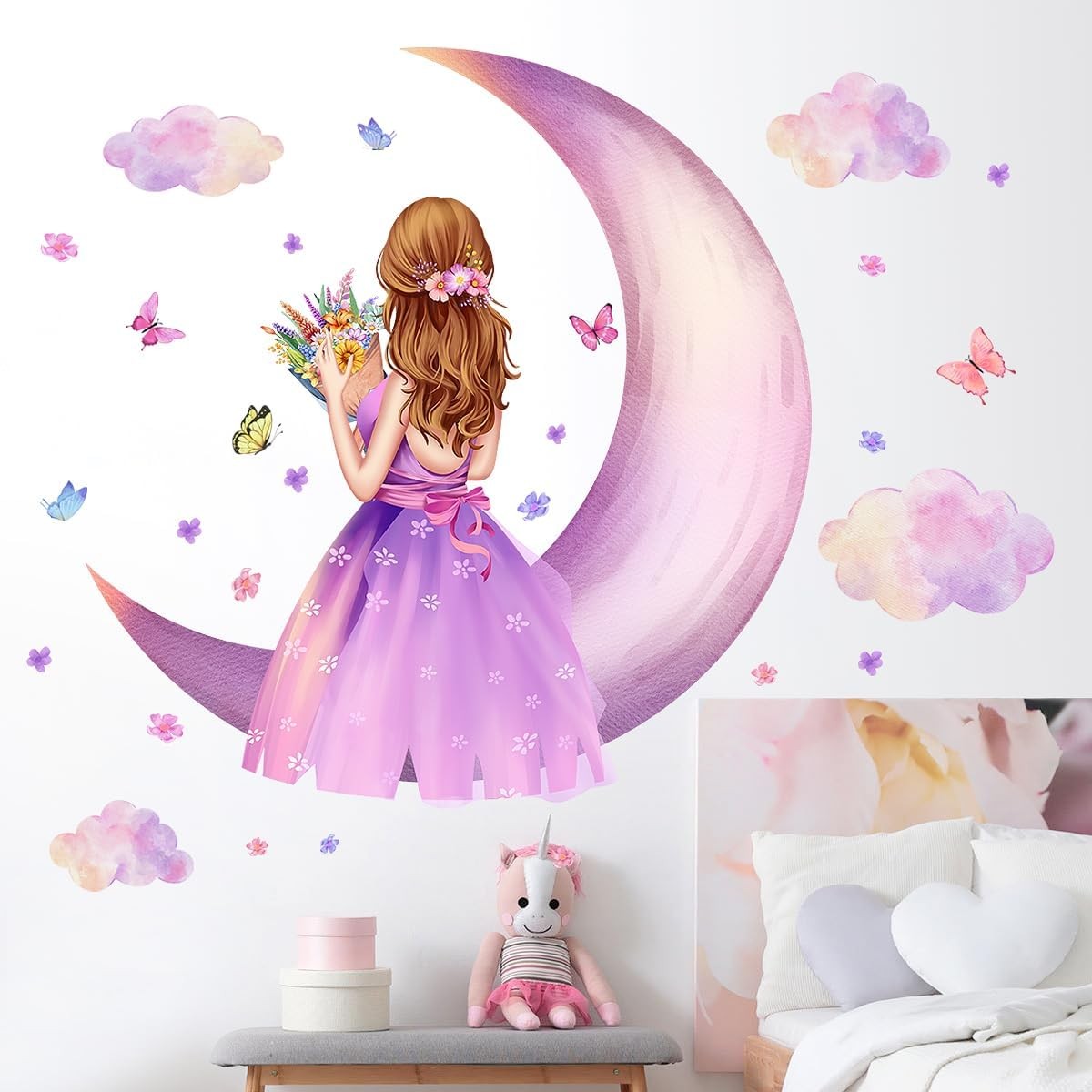 3D Princess Wall Decals Purple Butterfly Moon Clouds DIY Stickers for Girls