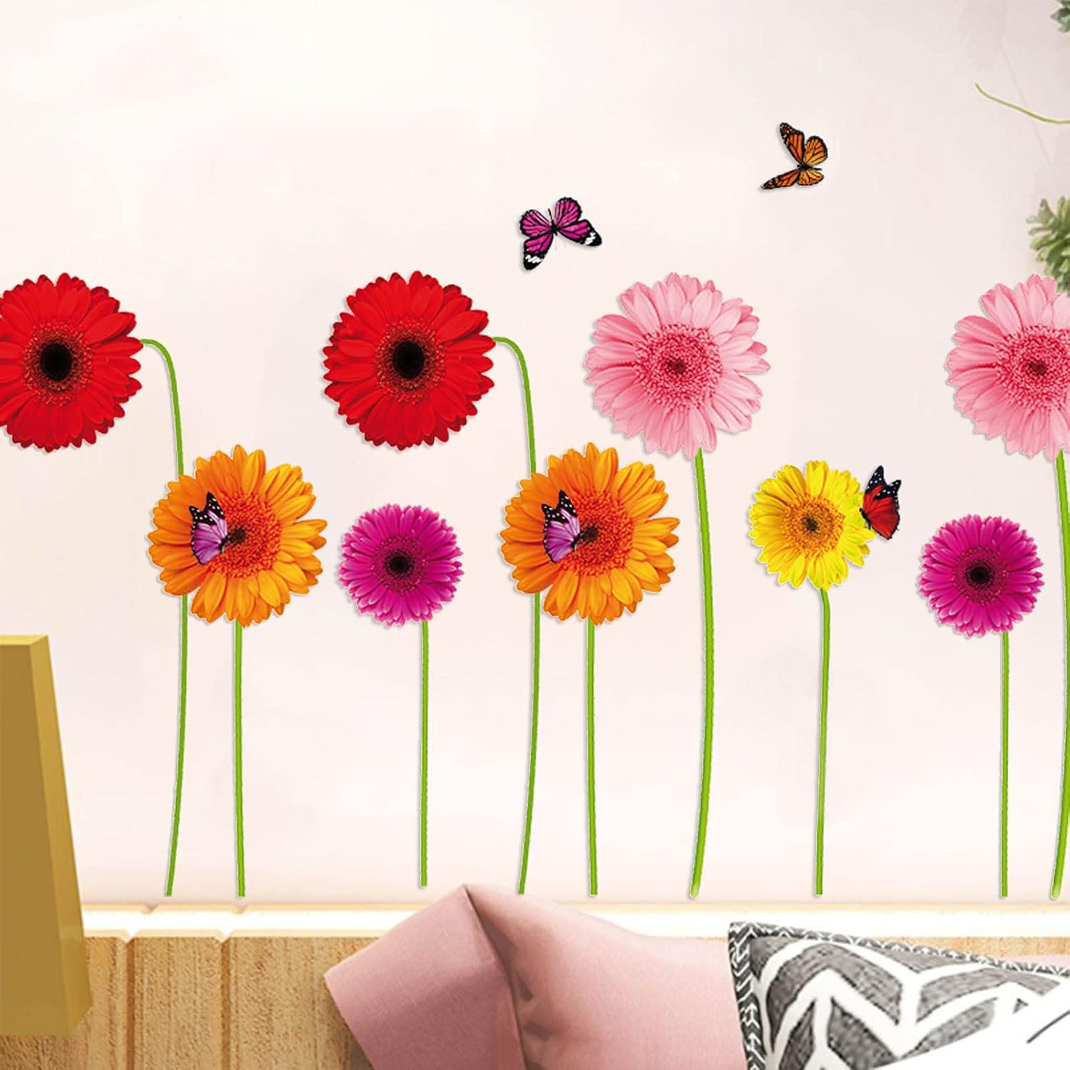 2 Sheets Gerbera Daisy Flowers Wall Decal 3D Floral Butterfly Wall