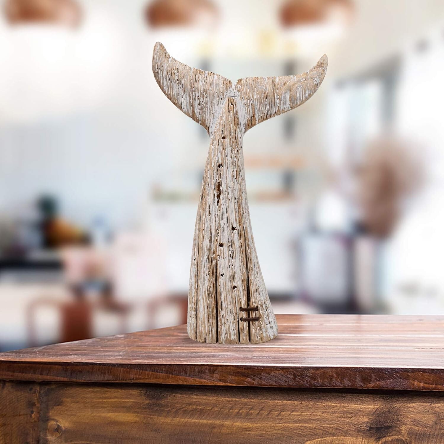 Nautical Home Decor Wood Whale Tail Tabletop Statue Decorative Rustic Sculpture(