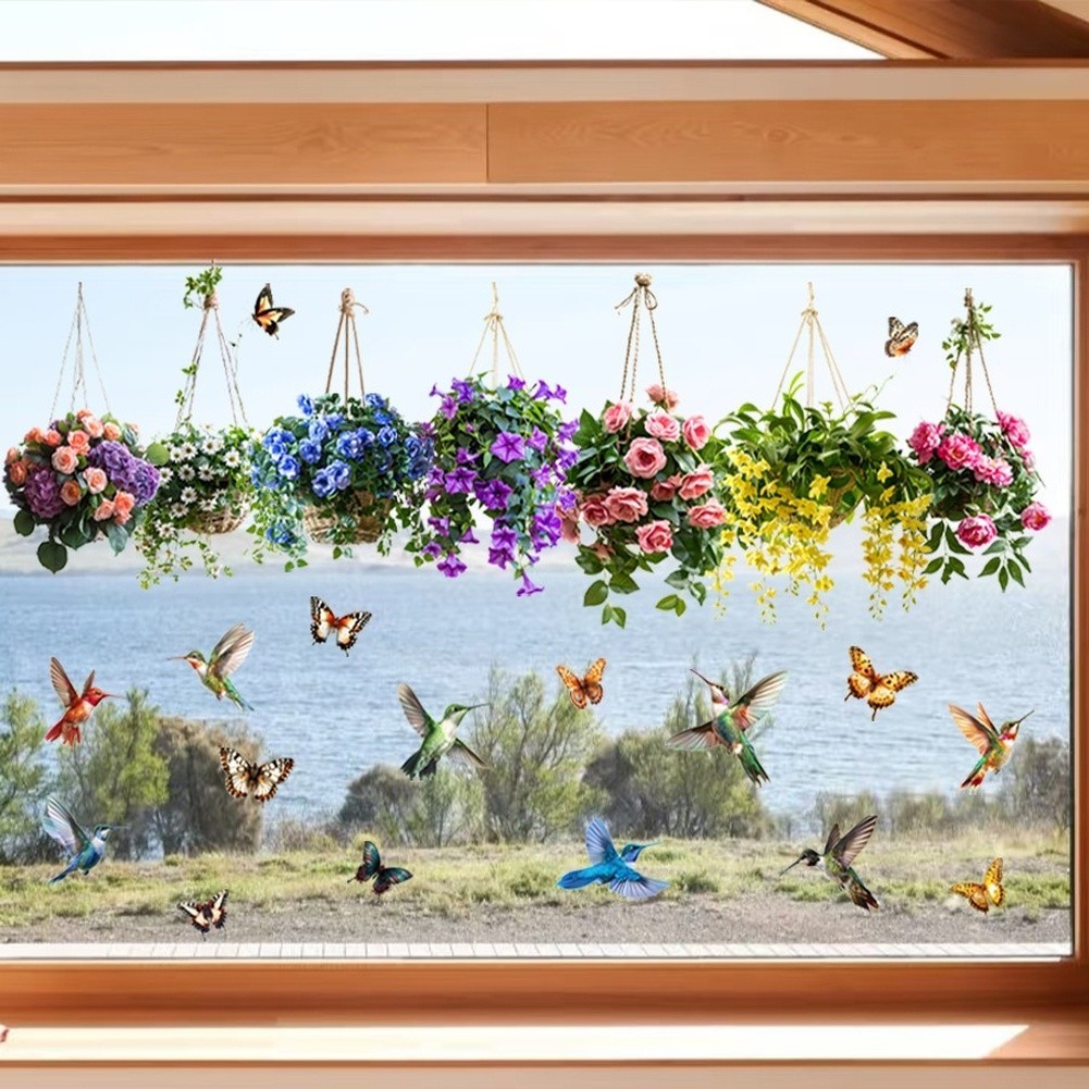 Static Cling Decals for Windows Floral Basket Birds Butterfly PVC Sticker