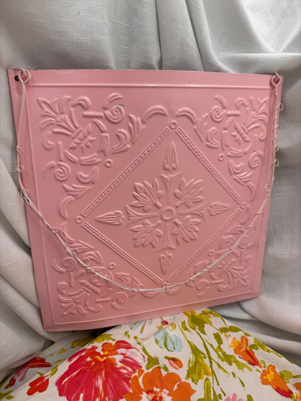 Pink Metal Embossed Floral Tin Tile Wall Pocket Hanging Planter 15" Shabby Chic