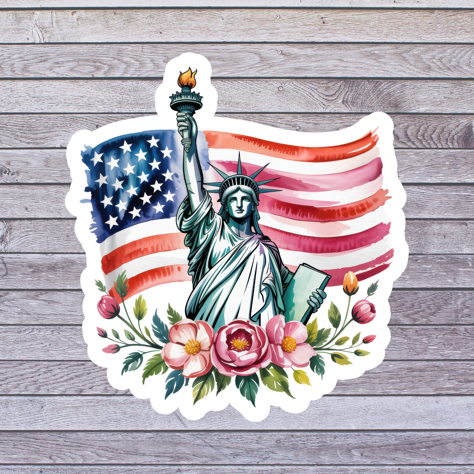 Statue sticker vinyl decal statue of liberty american flag floral illustration