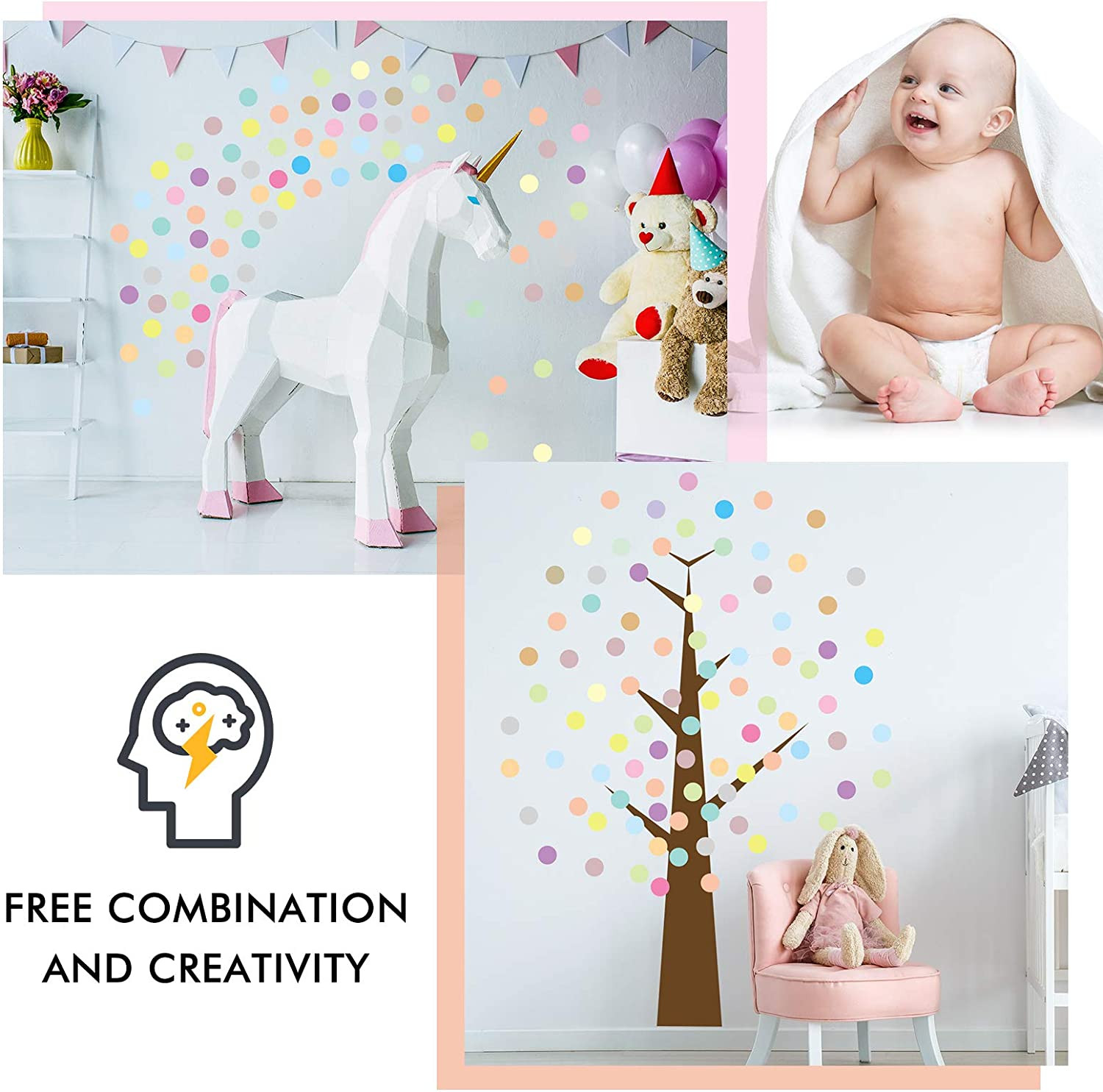 240 Pieces Polka Dots Wall Decals 2 Inch Multi-Color Rainbow Vinyl Dots Removabl