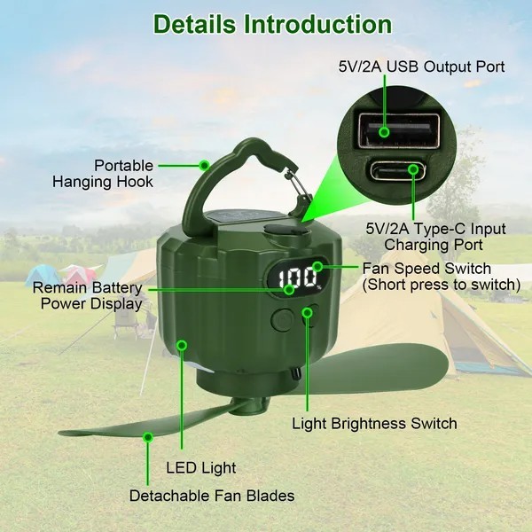 Portable Camping Ceiling LED Fan 5200mAh USB Battery Powered Hanging Tent Lanter