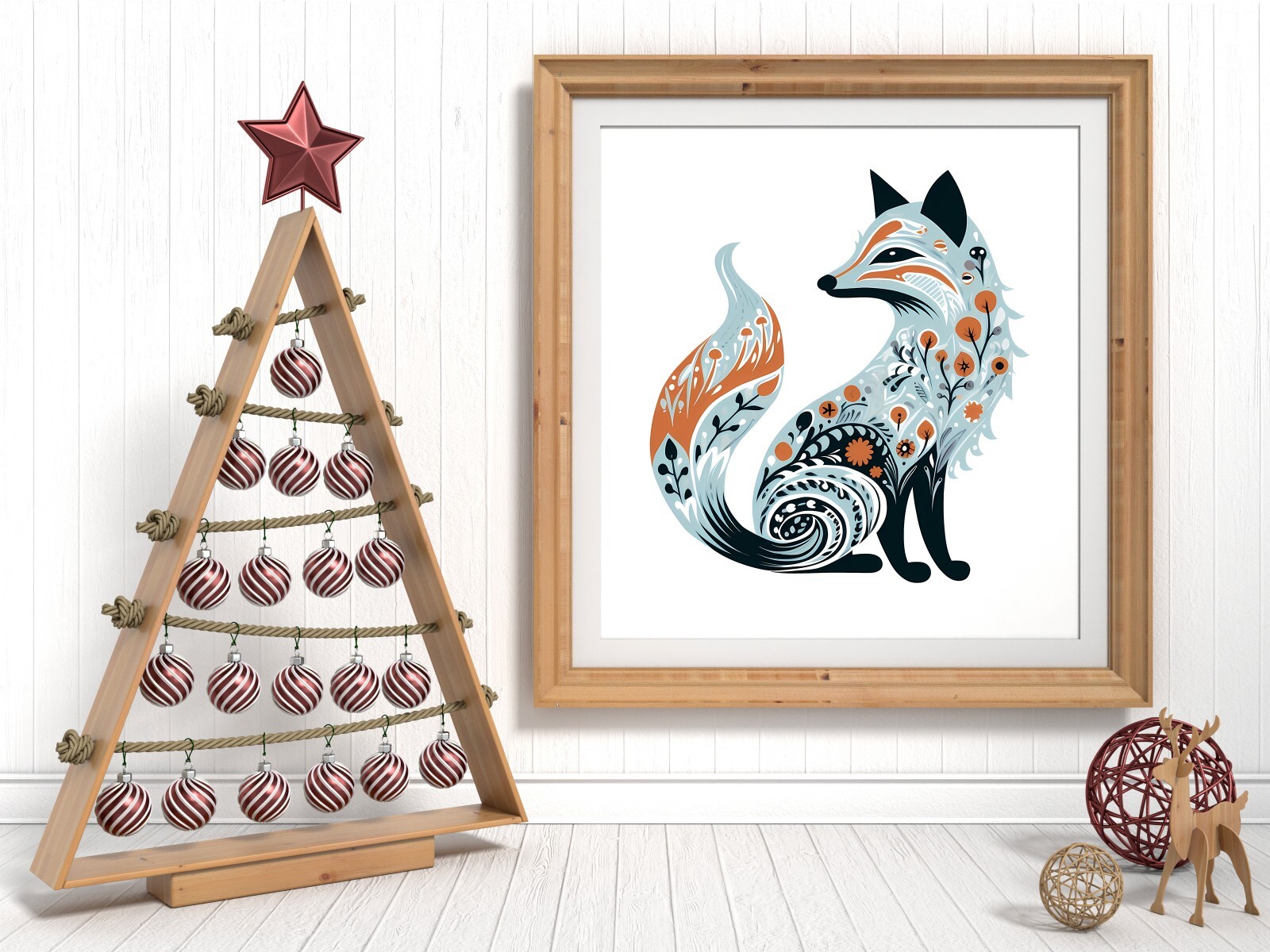 Christmas Blue Folk Art Fox UV DTF Transparent Sticker / Decal