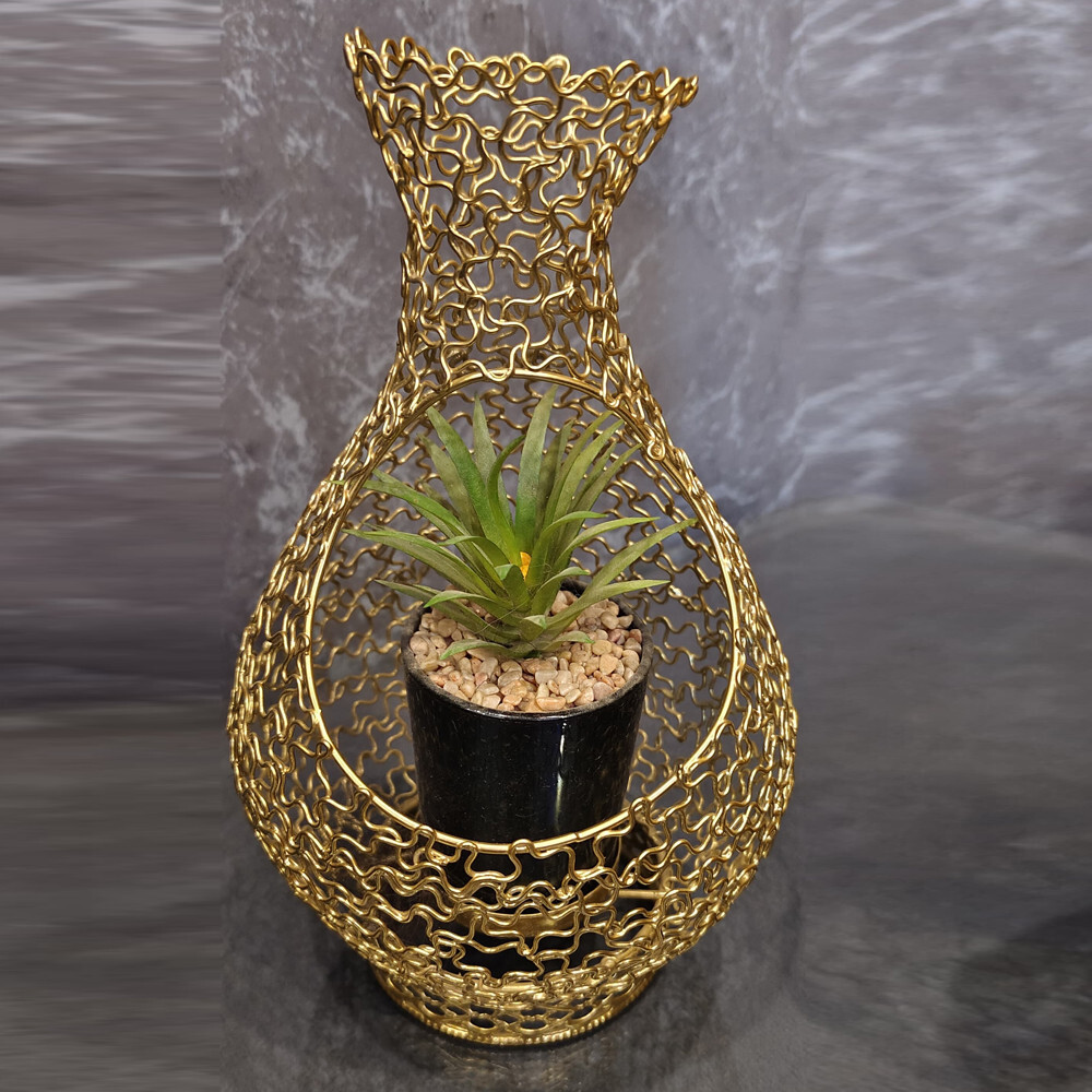 Handcrafted Gold Wire Vase with Artificial Plant – Elegant Home Décor Piece 2135