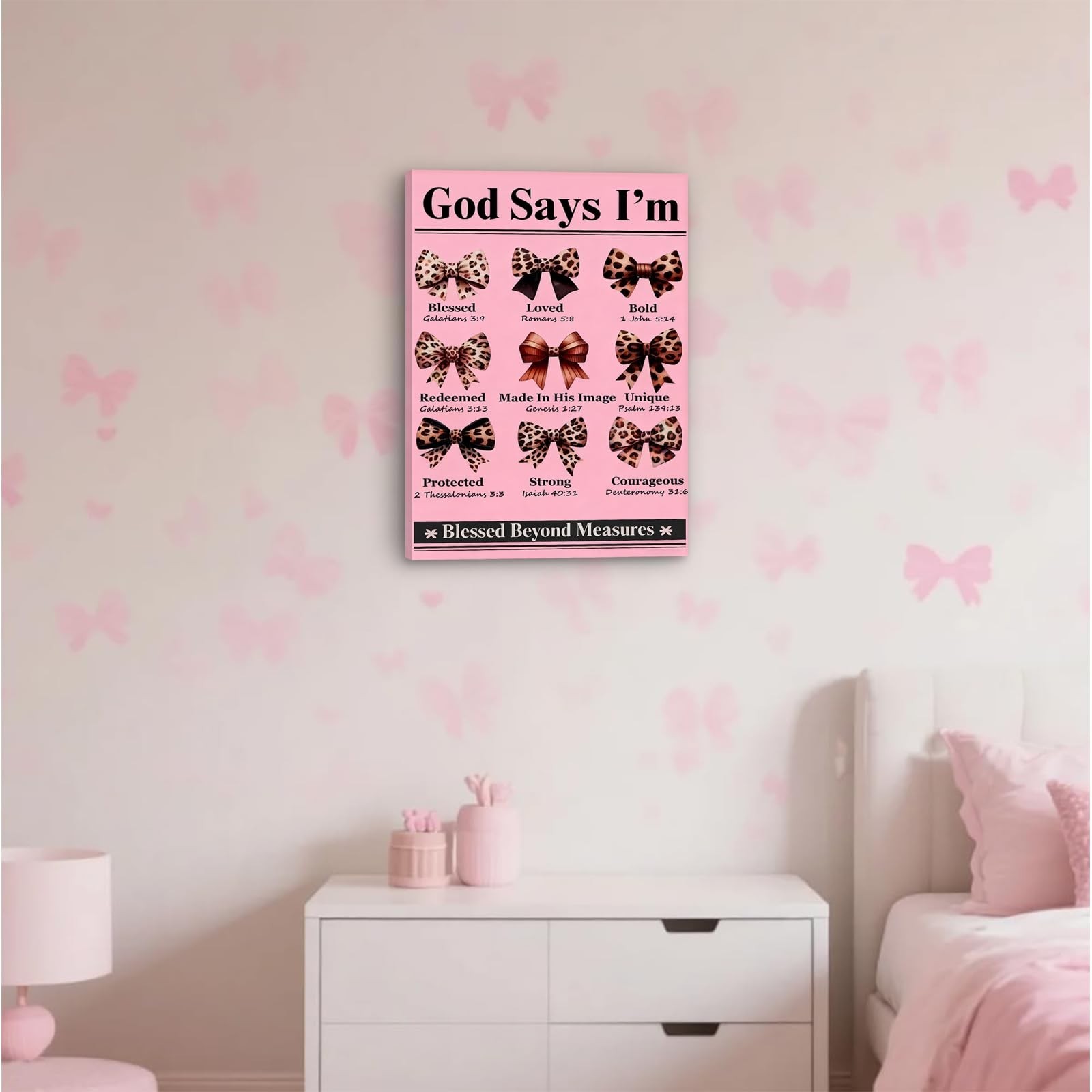 Pink Bow Wall Art Trendy Leopard Wall Decor Christian Bible Preppy Poster Pri…