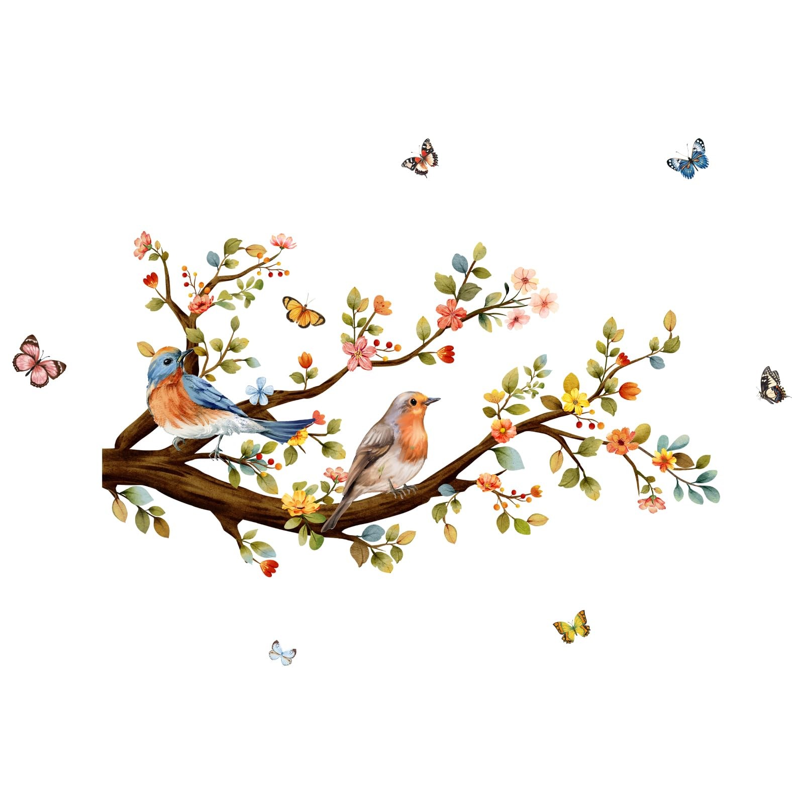 Colorful Flower Branch Bird Wall Stickers Watercolor Bird Butterfly Wall Deca…