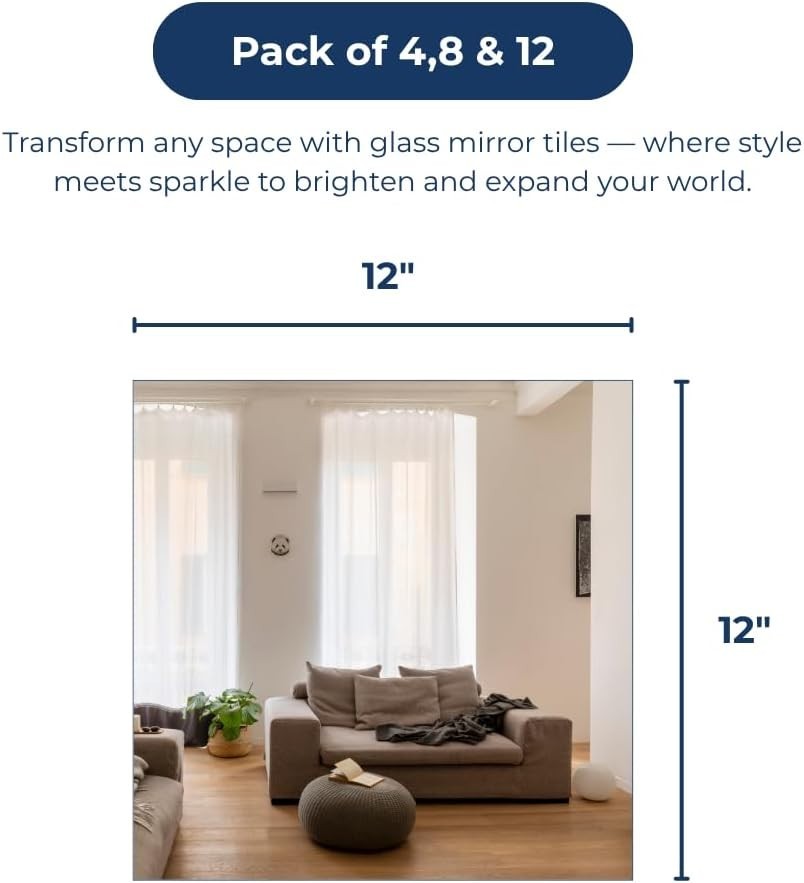 Acrylic Mirror Tiles 12×12 – Shatterproof Peel & Stick – Choose 4, 8, or 12 Pack