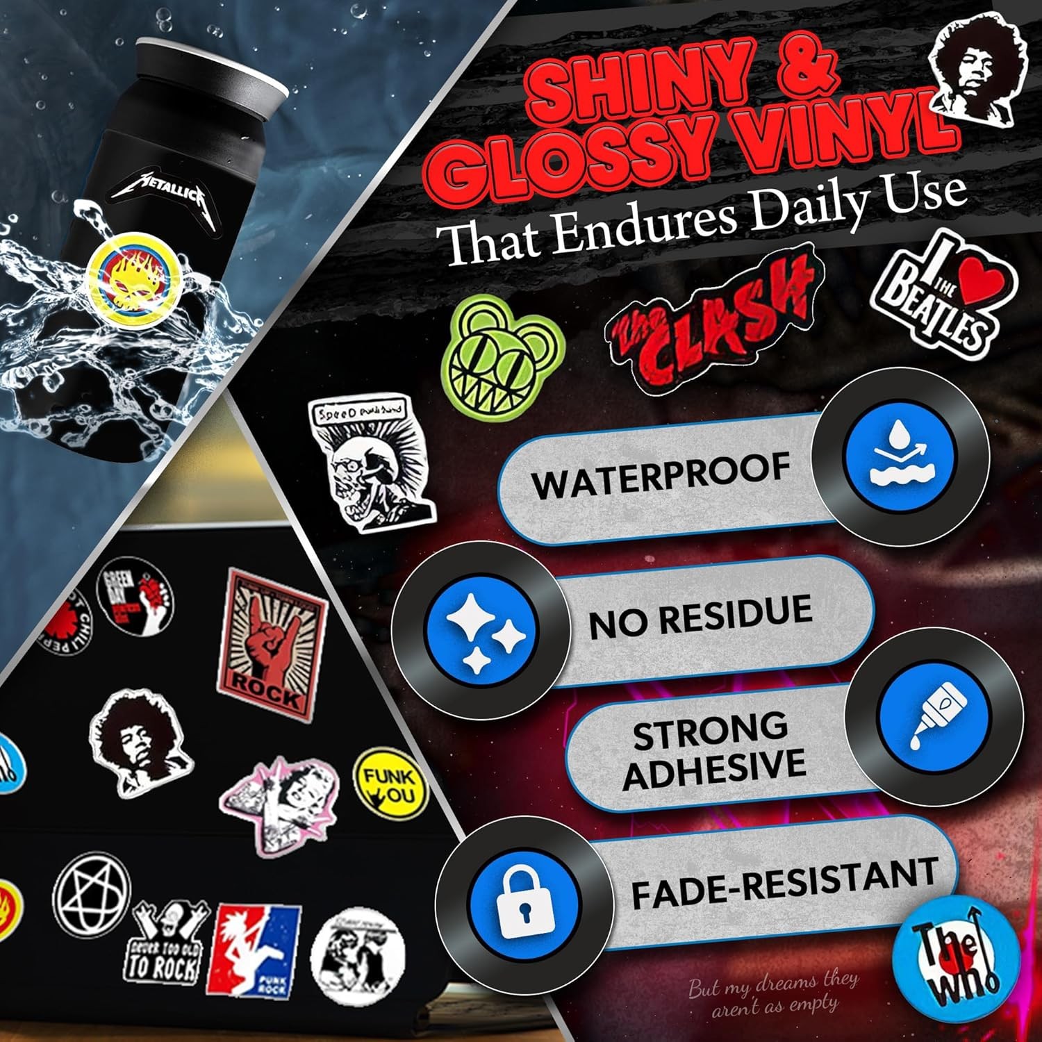 100Pcs Rock Band Vinyl Stickers Punk Metal Rock Decals for Laptop Guitar Bottle
