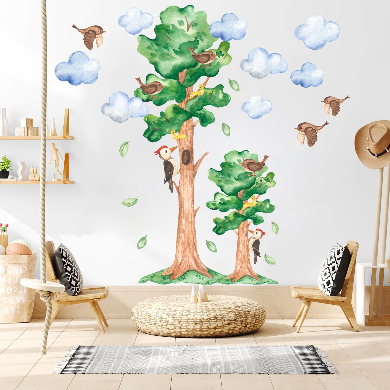 Woodpecker Birds on Tree Falling Leaves Wall Fabric Decal Set Sticker Kid Room