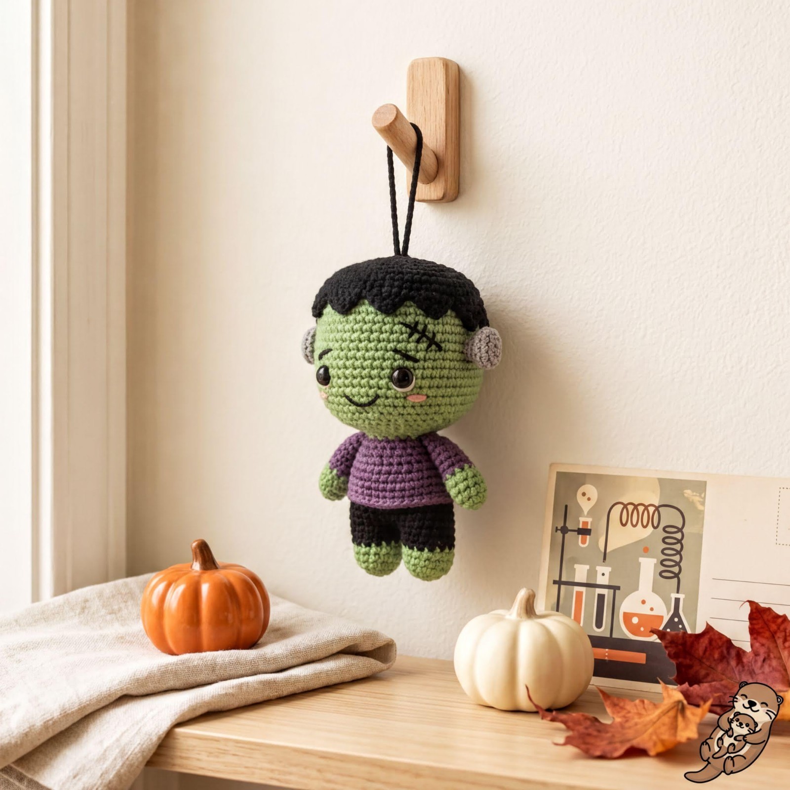 Handmade Frankenstein Crochet Car Charm, Green Monster Halloween Decor