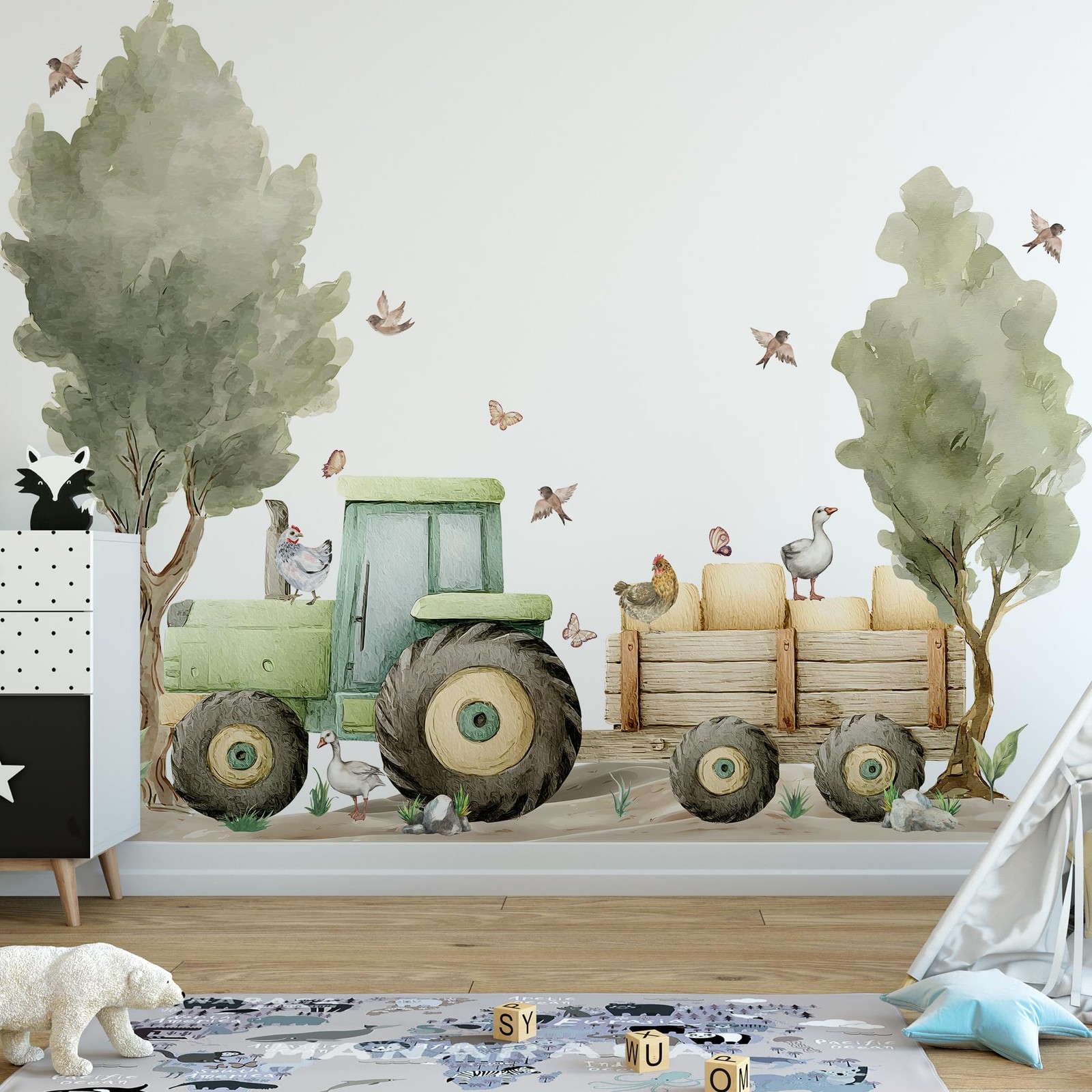 Farm Tractor Wall Decal,Farmhouse Animals Chickens, Ducks, Birds,Goose,Clouds…