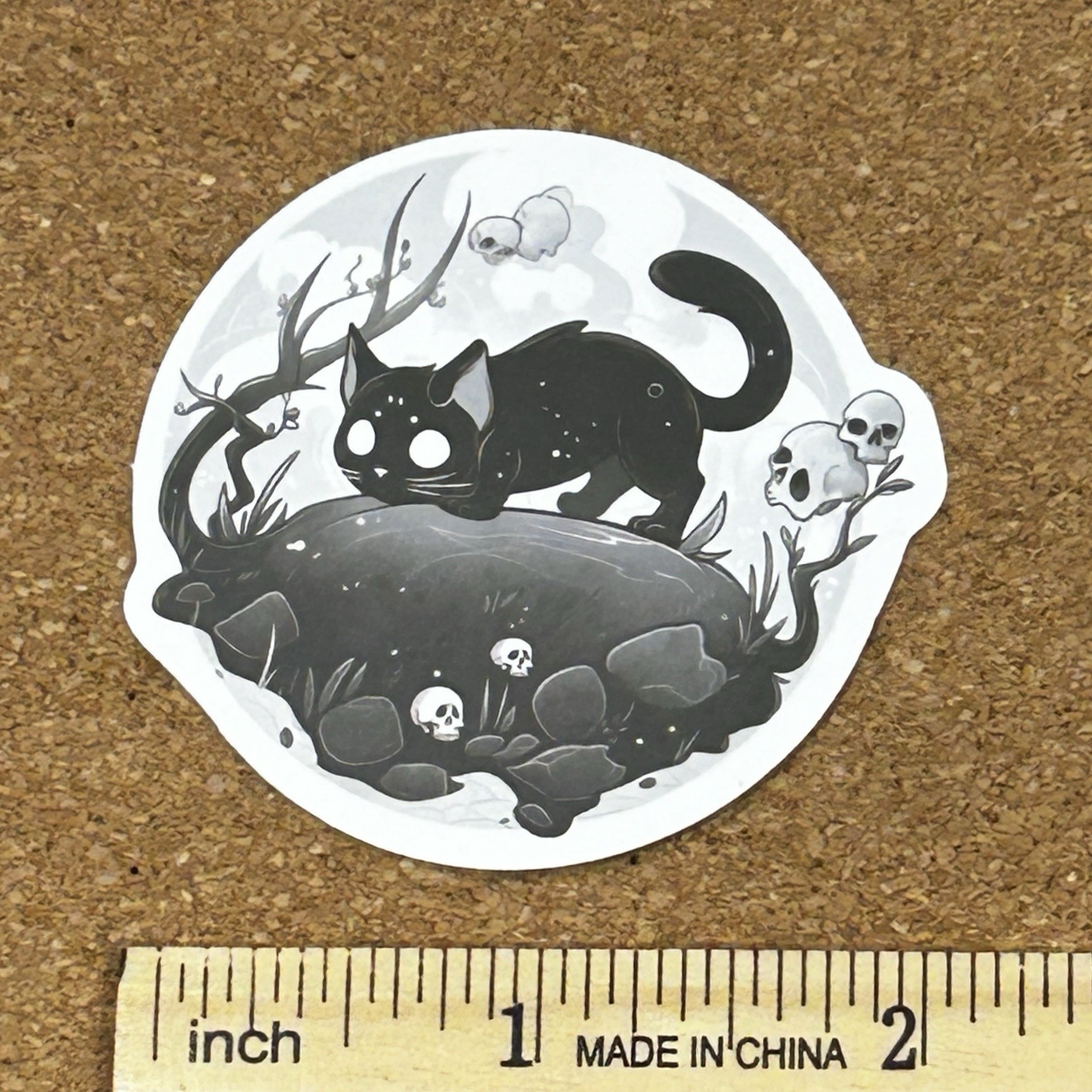 Spooky Black Kitty Cat With Skulls Goth Halloweeen Round Vinyl Sticker Decal
