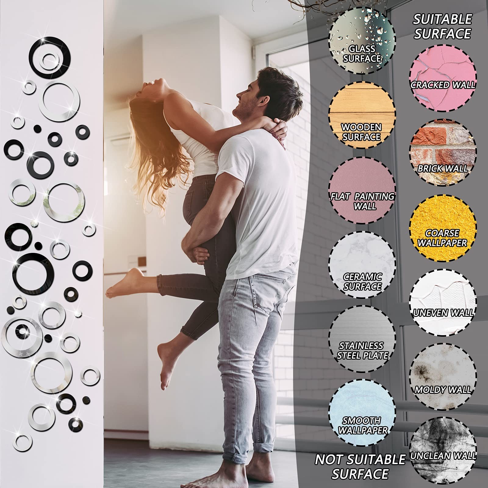 72 Pcs Acrylic Circle Mirror Wall Stickers Decor for Home Bathroom Bedroom