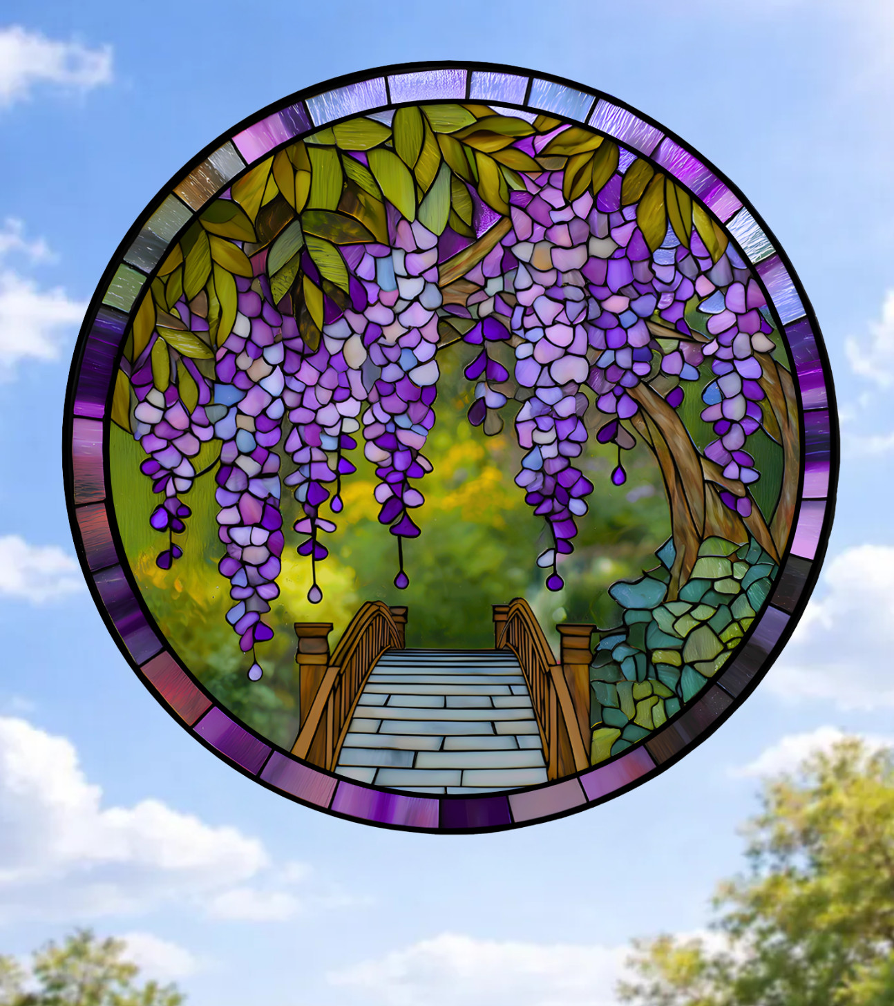 Wisteria Flowers Faux Stained-Glass WINDOW CLING Size 8" Round Vinyl