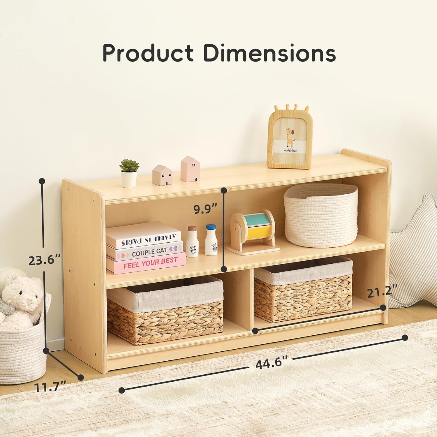 2-Shelf Montessori Shelf Toy Organizers and Storage for Kids, 3-Section Wooden