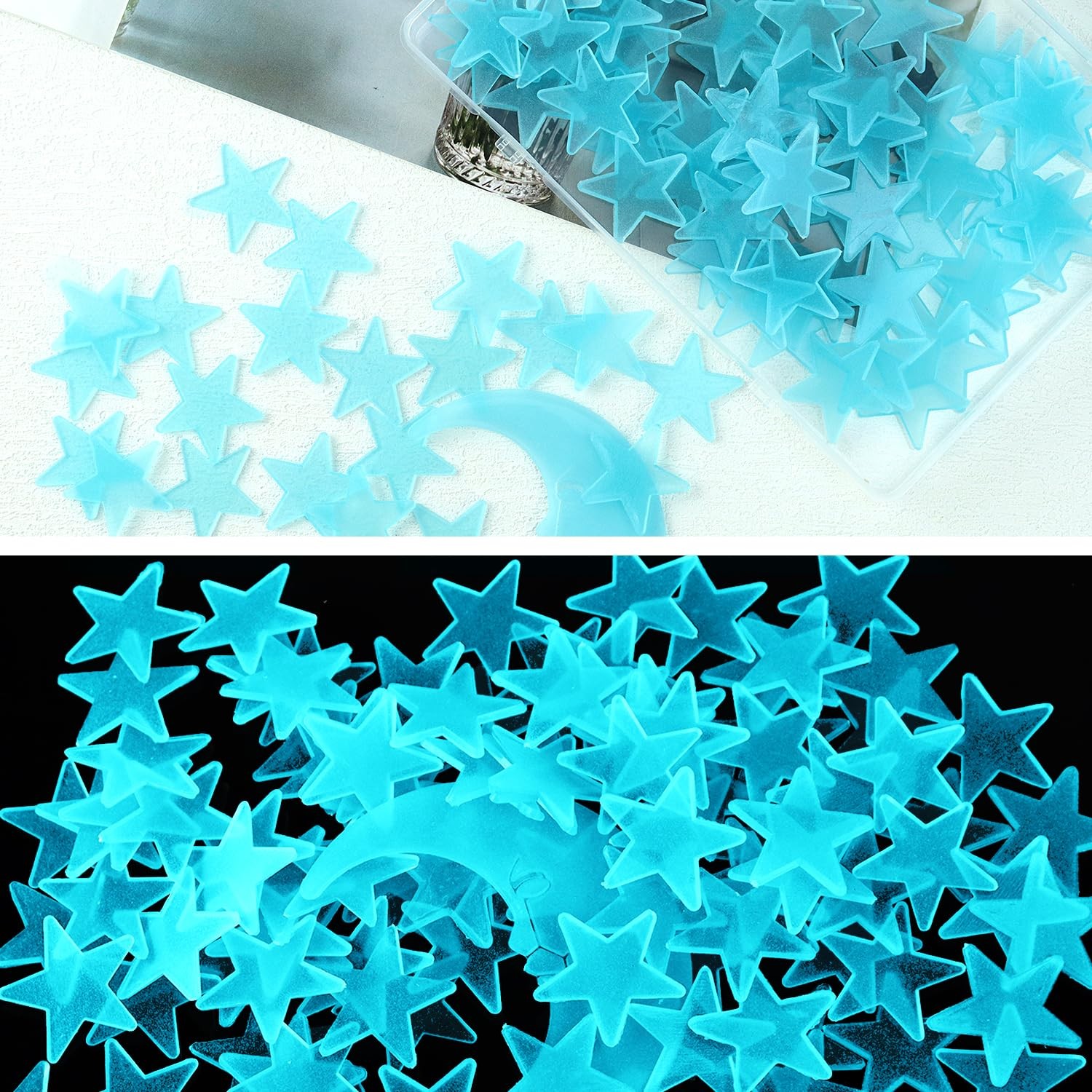 100 Stars and 1 Moon Glow in The Dark Luminous Fluorescent 3D Plastic Blue