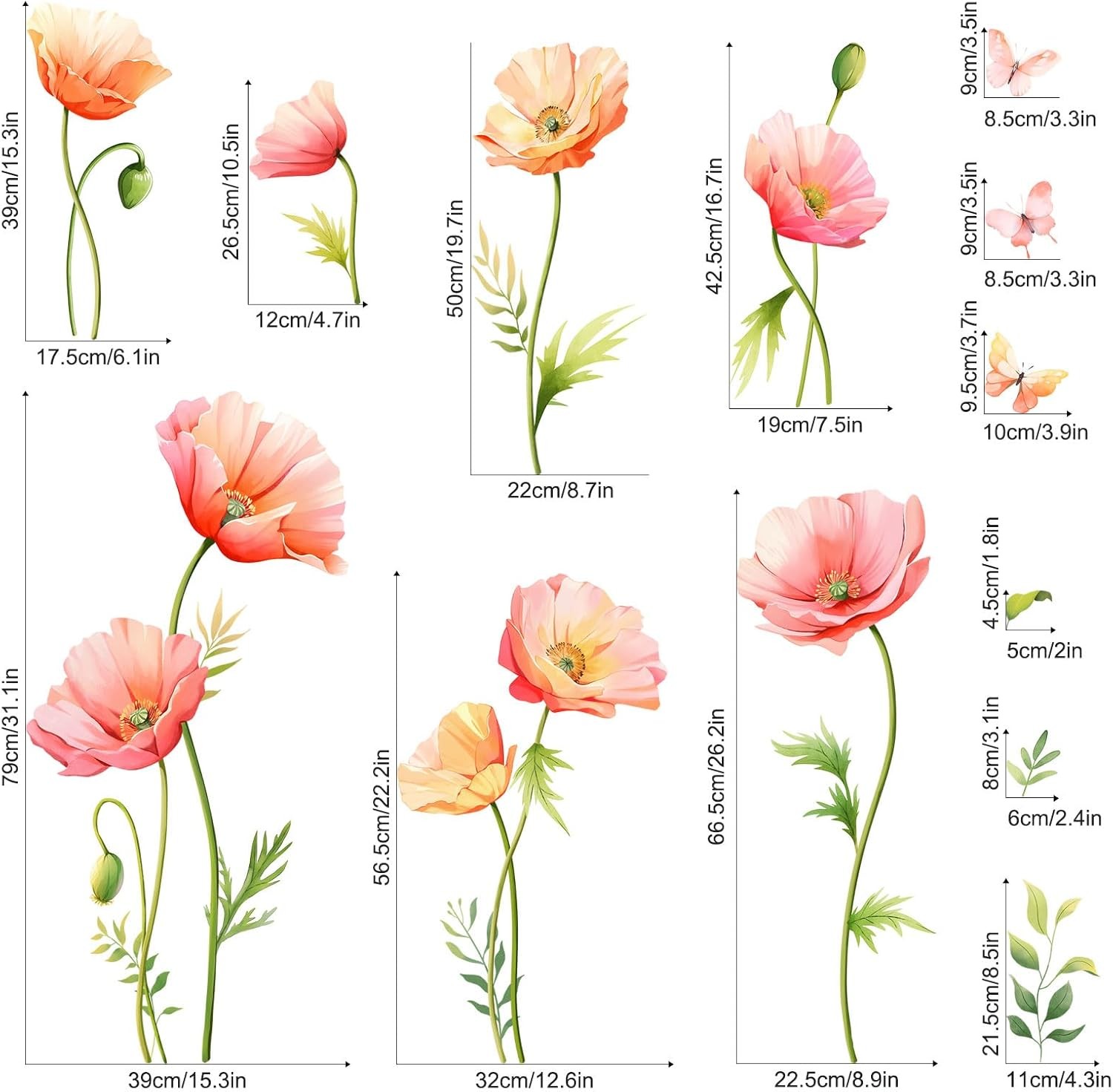 Large Pink Floral Wall Decals Poppy Flower Butterfly Multi-colored