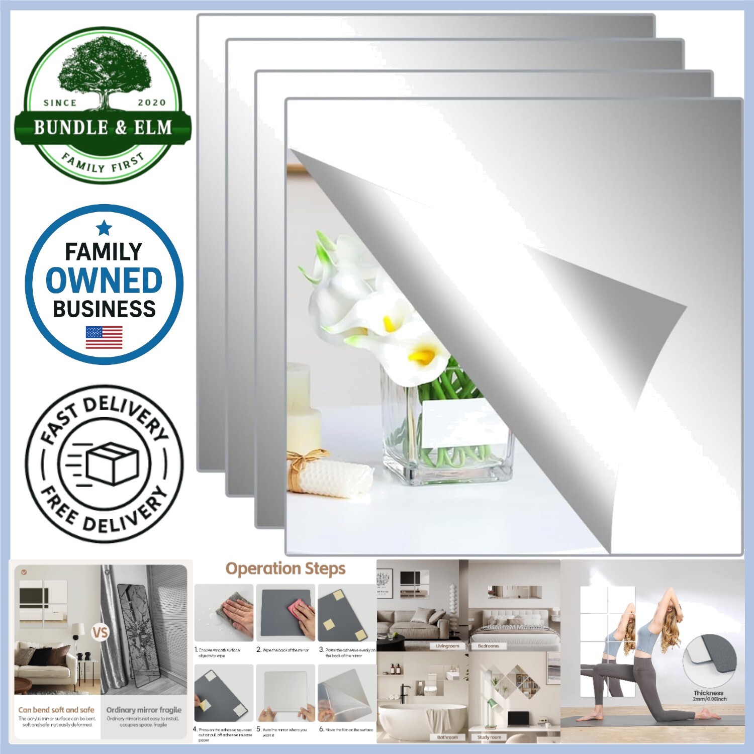 Self Adhesive Mirror Tiles 7.8×7.8in 4 Pack Modern Wall Decor for Bedrooms