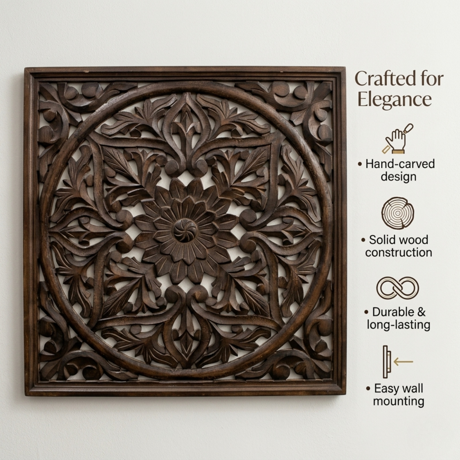 Carved Wood Wall Decor Panel 61cm – Large Rustic Floral Mandala Art