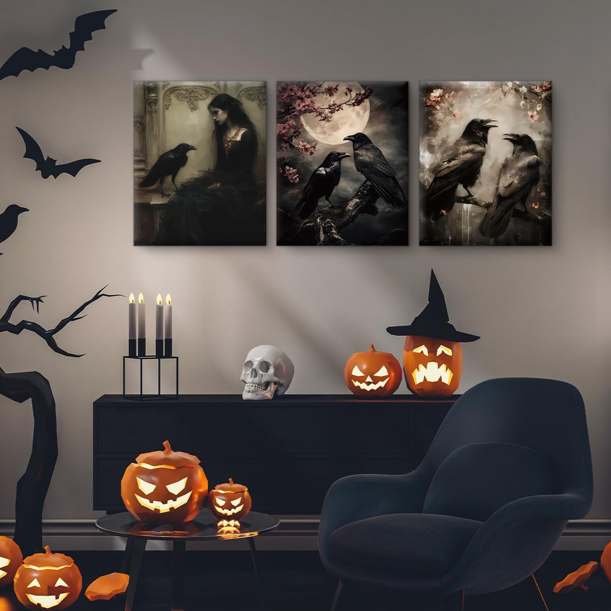 3Pcs Gothic Raven Halloween Wall Art Prints Creepy Dark Moody Crow Posters Artwo