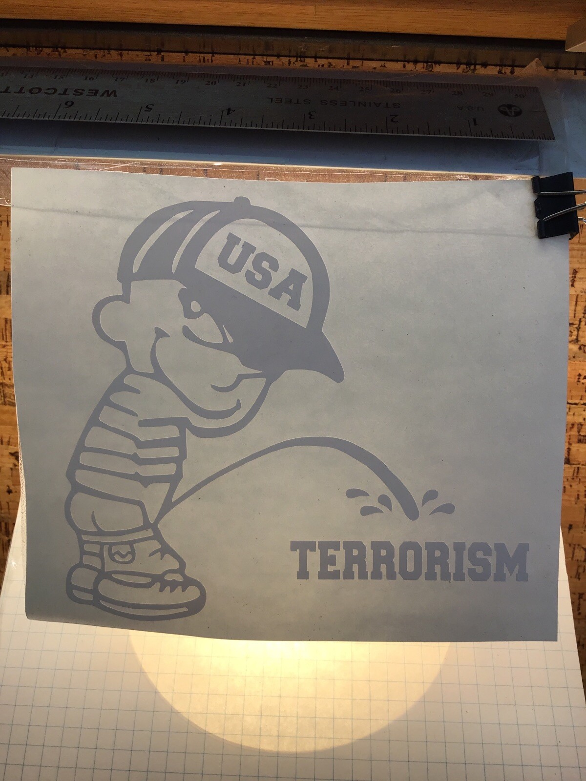 Calvin USA Pee On Terrorism BIG – WHITE – Vinyl Decal – MM4.1444