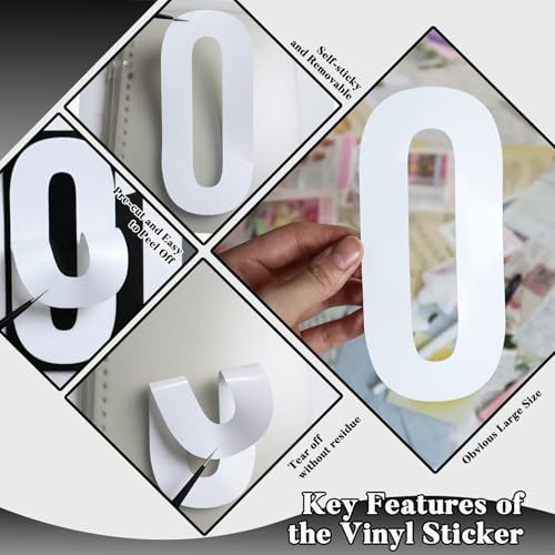 45 Large Number Stickers, 9 Sheets 6 Inches Self-Adhesive Vinyl Letters White