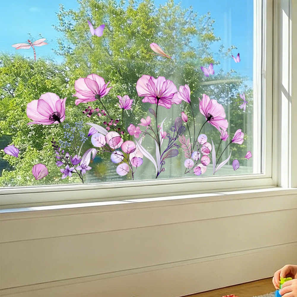 Static Window Sticker with Purple Flowers and Butterflies 11.81 by 23.62 in