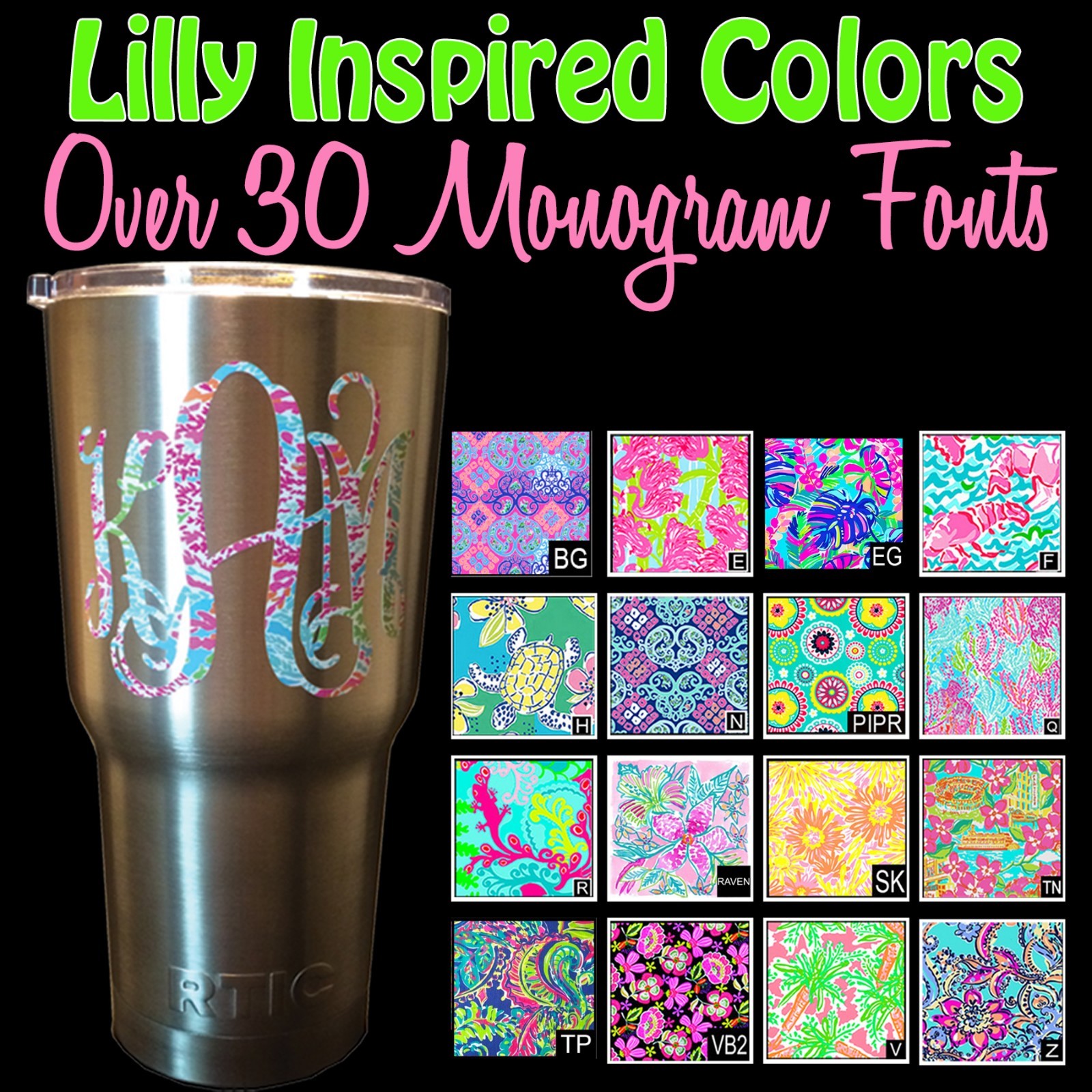 Lilly Patterned Vine Circle Monogram Name Decal Sticker for YETI Tumbler Cooler