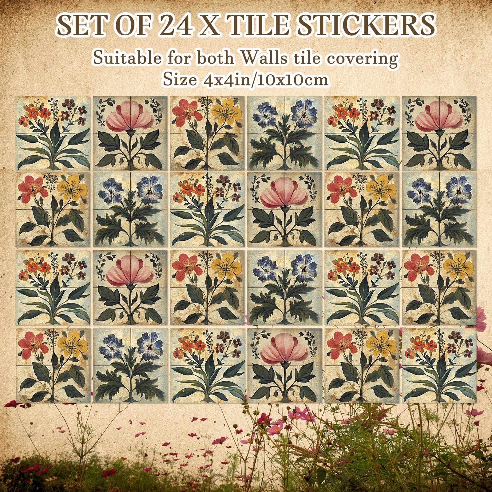 24 Pcs Flower Tile Stickers 4×4 Inch Watercolor Retro Rustic Floral Peel and …
