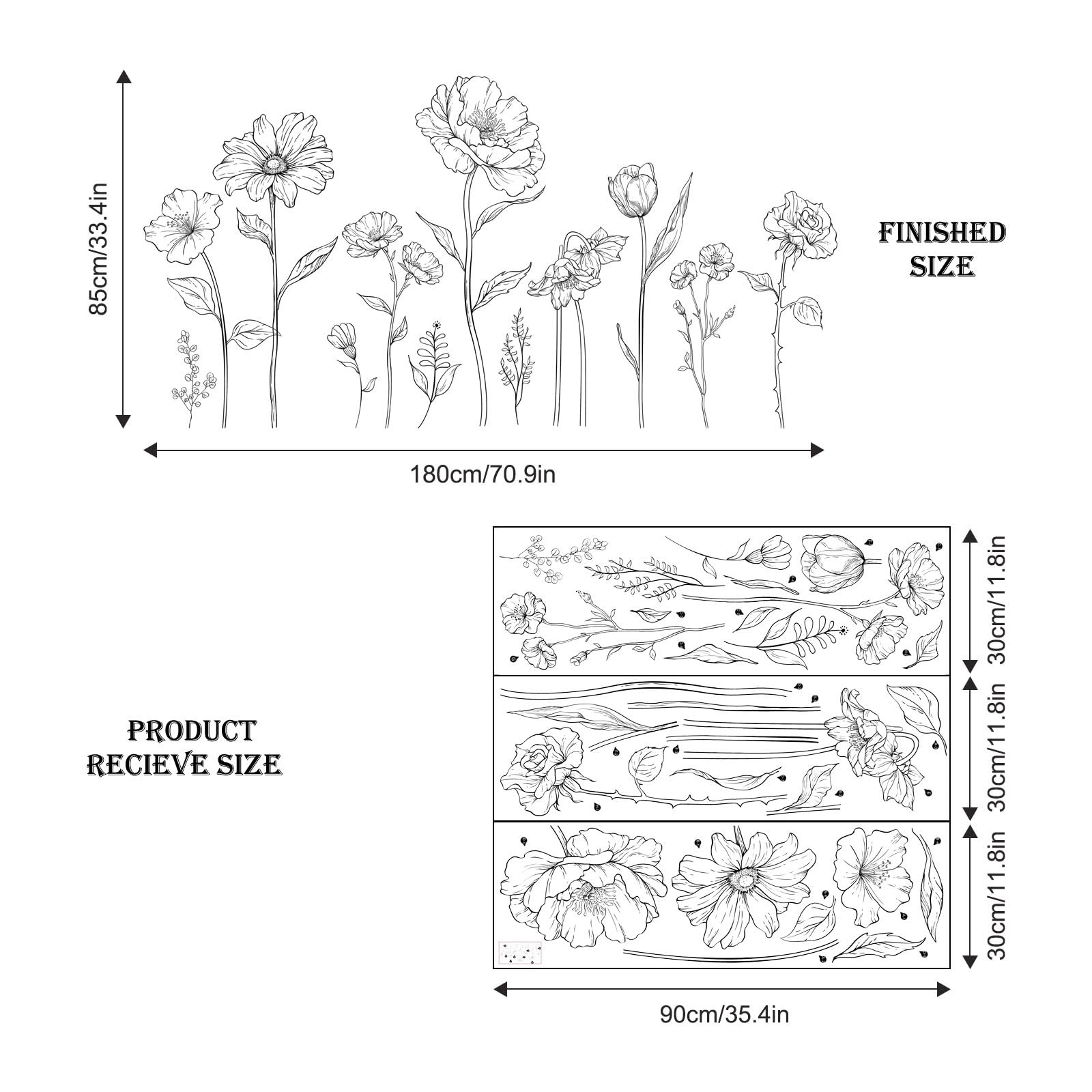 Large Black Boho Flower Wall Decals, 3 Sheets Simple Sketch Multi-colored
