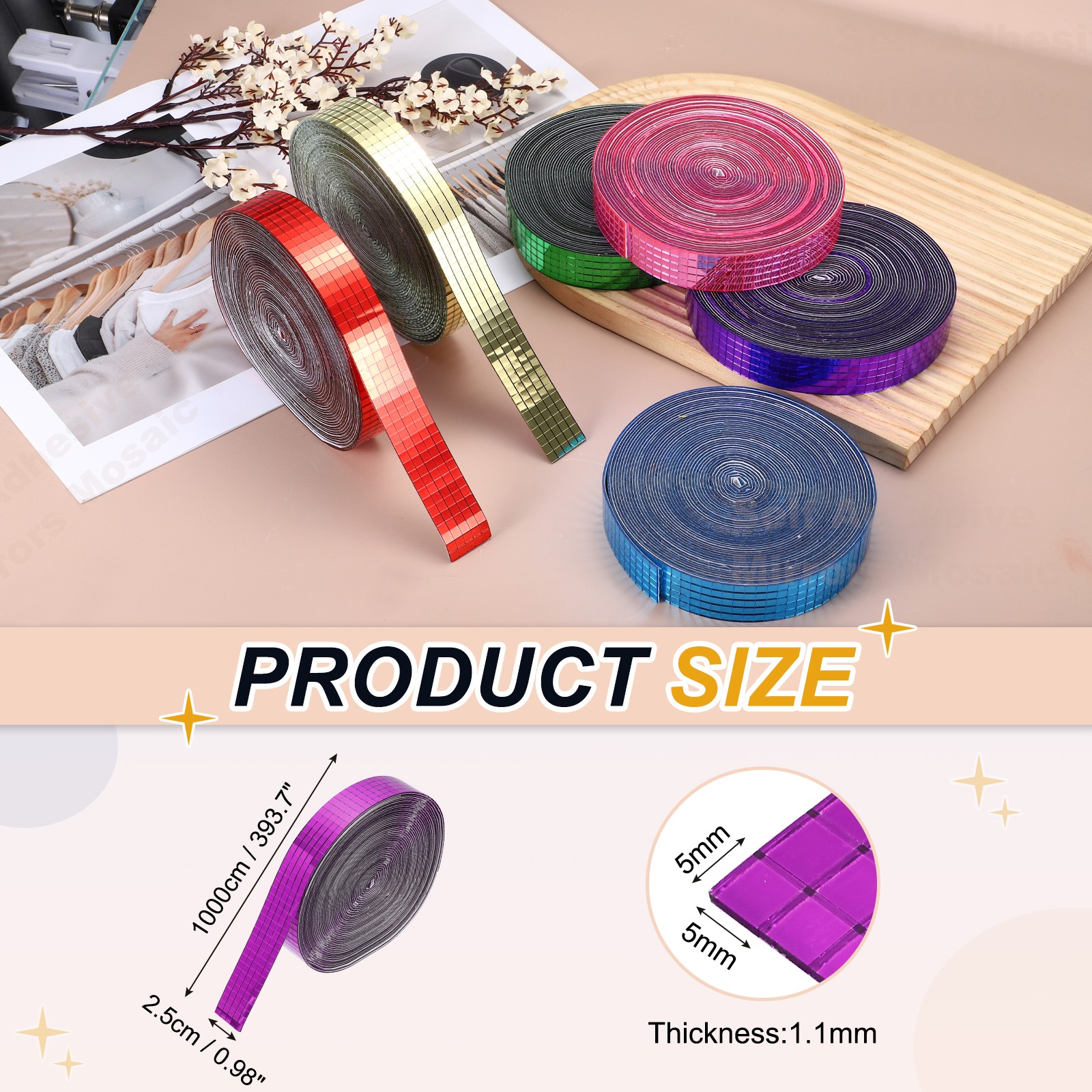 5x5mm Self Adhesive Mirrors Mosaic Tiles, 10000 Pcs Mosaic Sticker, Rose Red