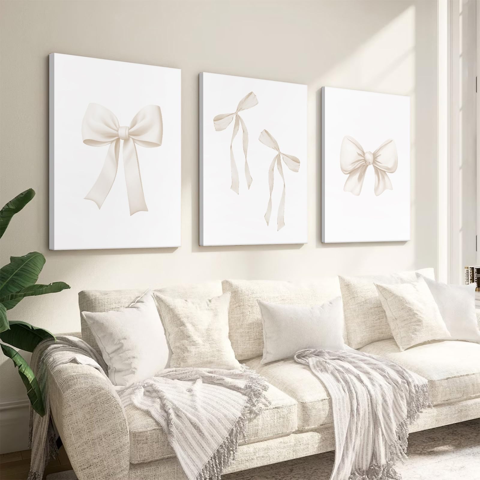 Beige Bow Canvas Wall Art,Coquette Preppy Bow Aesthetic Paintings Pictures Wa…