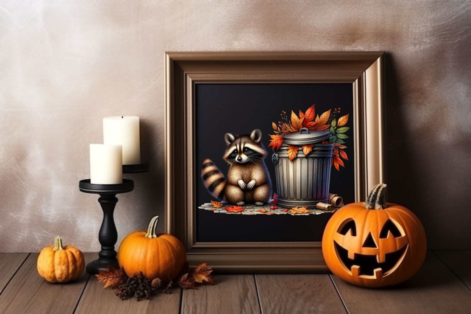 Fall Leaves Raccoon and Trash Can UV DTF Transparent Sticker / Decal