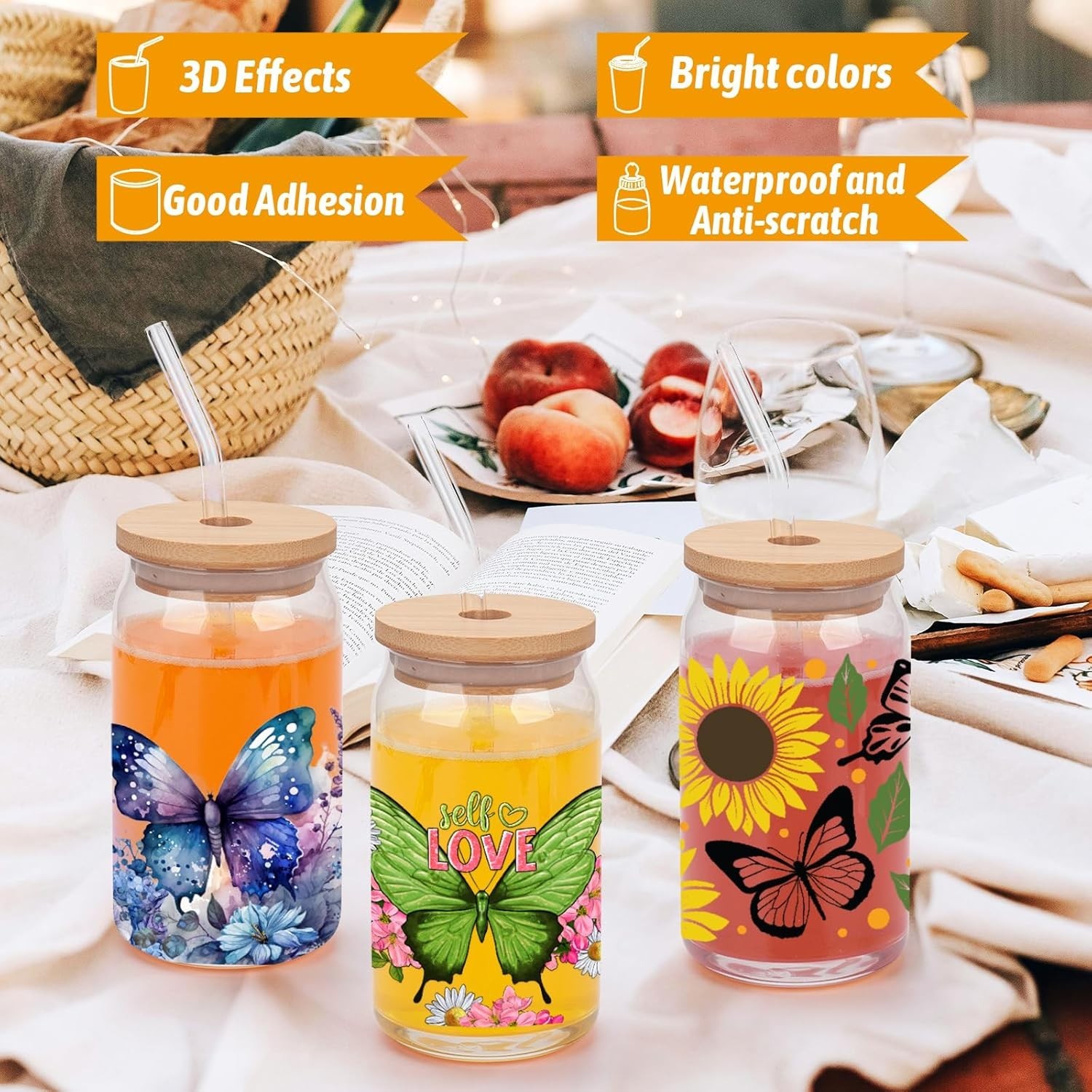 UV DTF Cup Wraps for 16 oz Glass Cups, 10 Sheets Rub on Transfers for Crafts,…