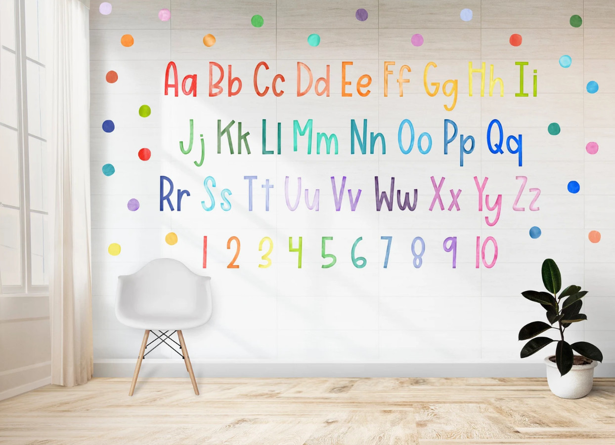 Watercolor Rainbow Alphabet Wall Decal Set Upper Case Lower Case Numbers Rainbow