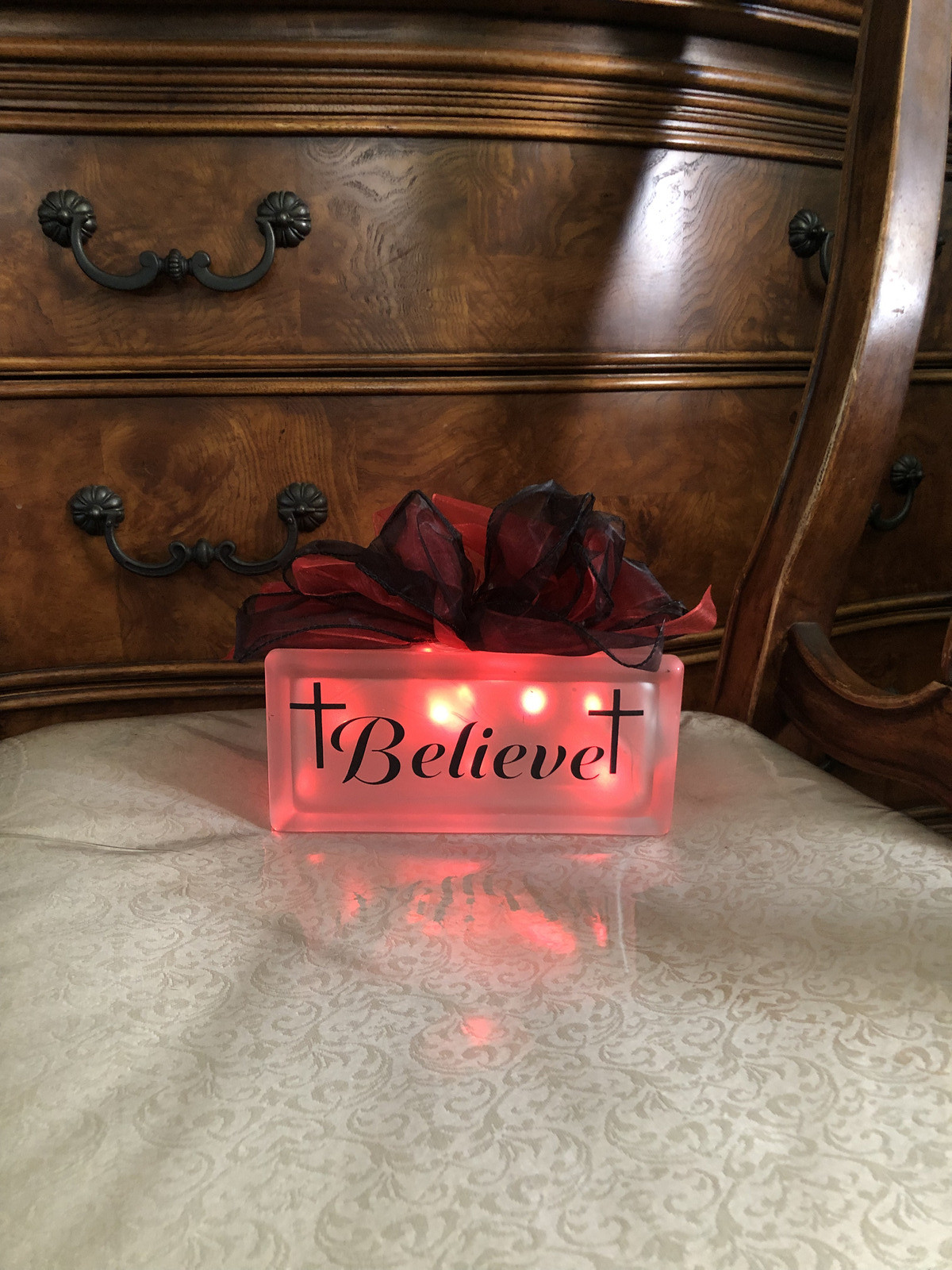 HOME DECOR, LIGHT UP GLASS BLOCK BELIEVE, RED LIGHT, HAND CRAFTED