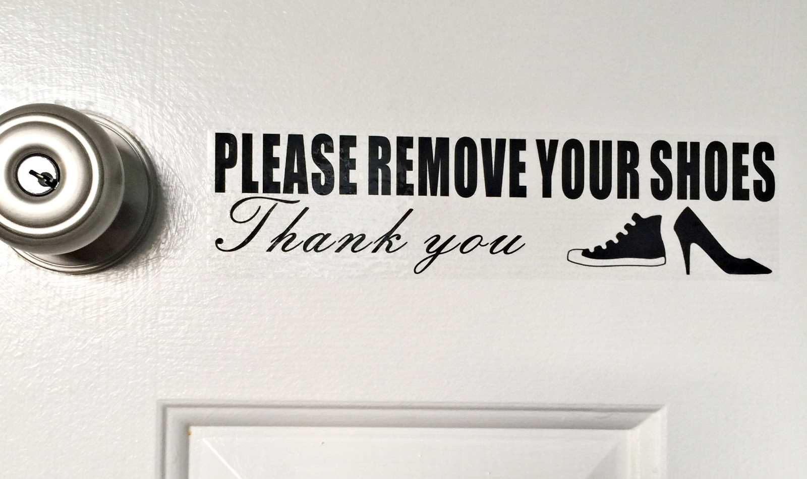 2pc 9.75" X 2.5" PLEASE REMOVE YOUR SHOES Back Self Adhesive Clear Vinyl Sticker
