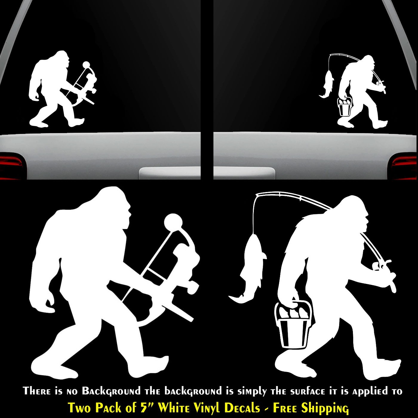Bigfoot Sasquatch Hunting & Fishing Two 5" White Vinyl Decals Car Truck Window