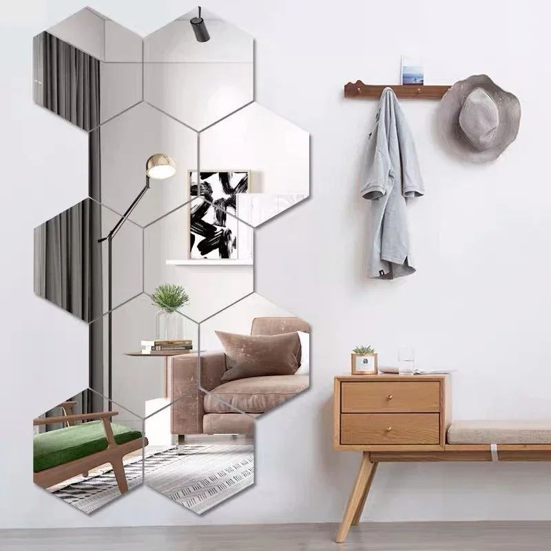 12pcs Hexagon Acrylic 3D Mirror Wall Sticker Home Decor Self-adhesive Mirror