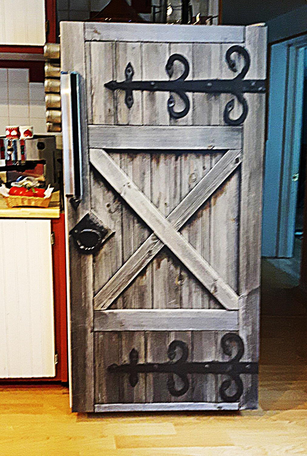 Barn Door Fridge Wrap, Laminated Refrigerator Sticker Cover. Countryside style