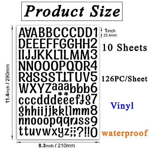 1260 pcs 10 Sheets Vinyl Letters Stickers (Black) Numbers 1 Inch 10 Black Set