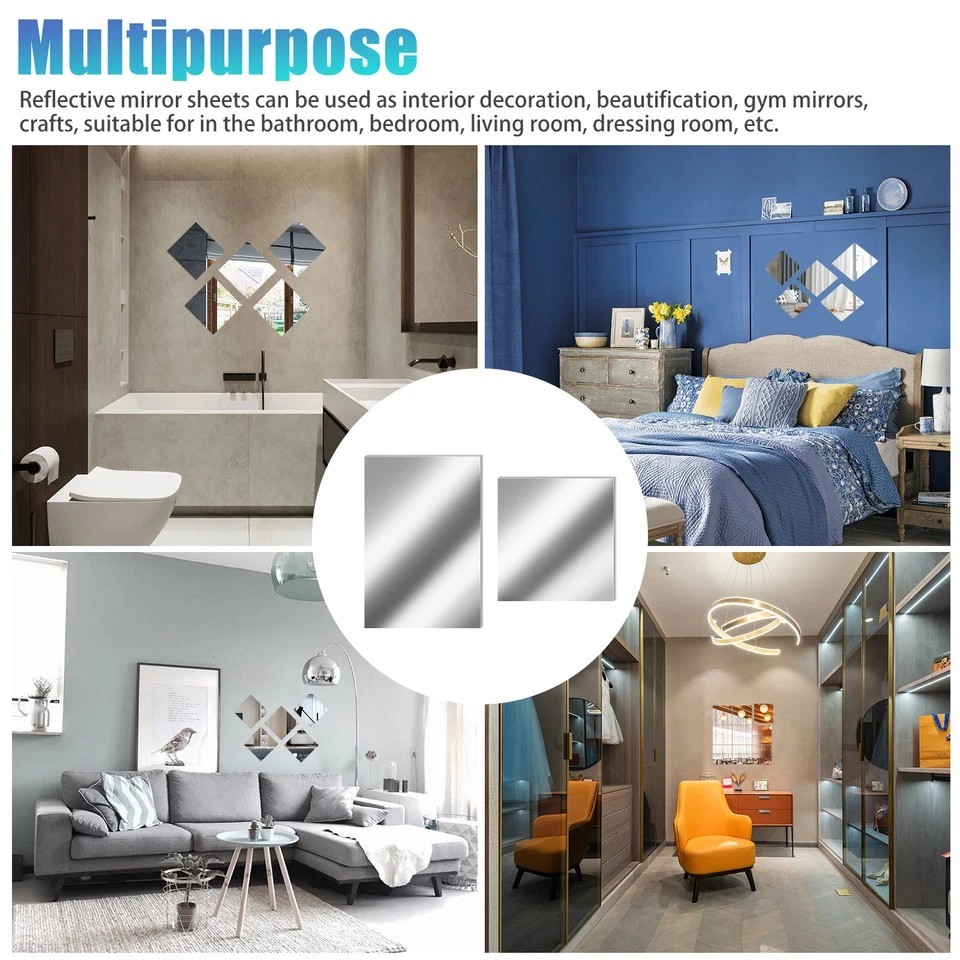 12Pcs 2-Size Self Adhesive Mirror Sheets Reflective Wall Sticker Film Home Decor